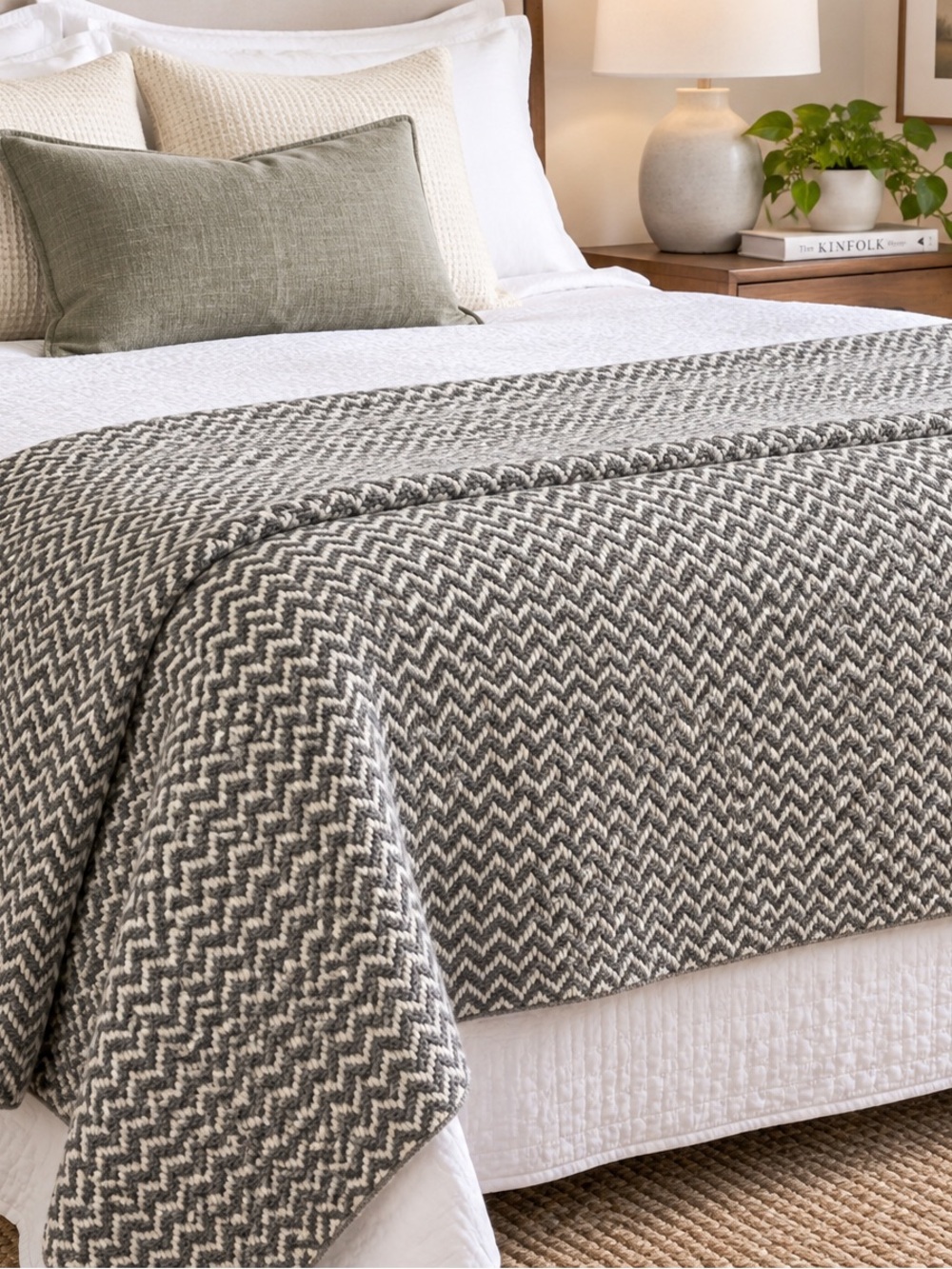 Threshold 100% Organic Cotton Full Queen Herringbone Blanket 88x82 Gray/White